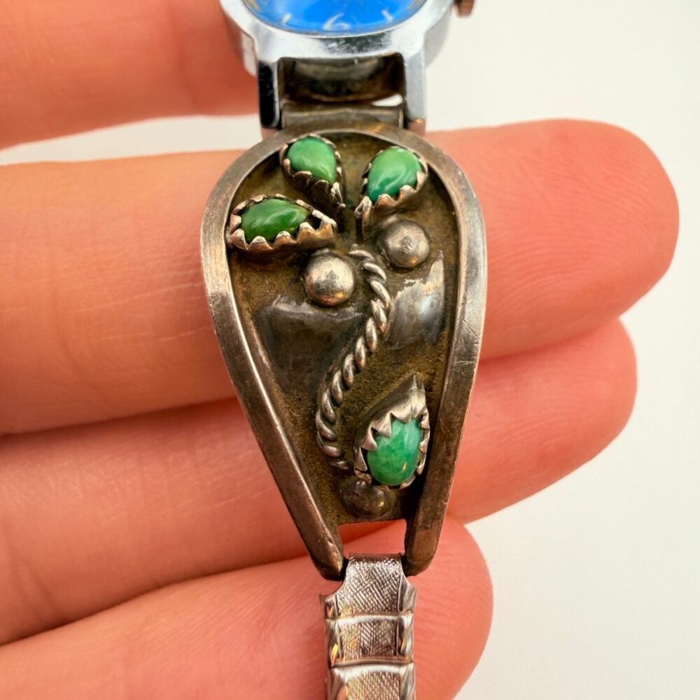 Vtg Old Pawn Sterling Silver Navajo Blue Green Turquoise Watch Band With Timex - Picture 4 of 10